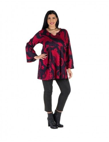 rot-schwarz-bedruckte-plus-size-ausgestellte Bluse