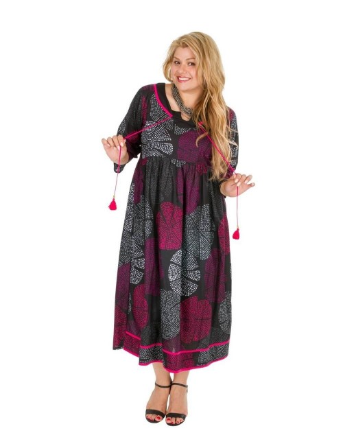 Robe-imprimée-évasée-manches-midi-lacets-décoratifs-grandes tailles