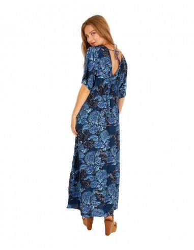 Dress-long-loose-printed-blue-sleeves-short-ethnic
