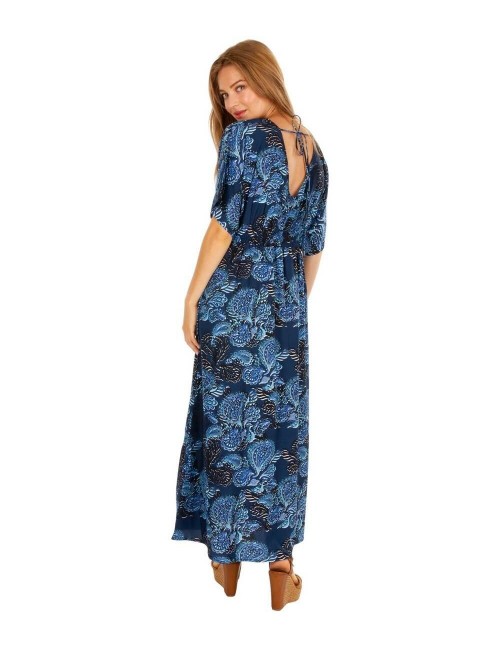 Vestido-largo-suelto-estampado-azul-mangas-cortas-etnico