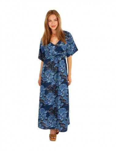 Kleid-lang-locker-druck-blau-kurzärmel-vintage