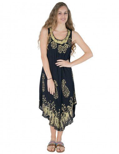 robe-midi-plage-peinte-fleurs-sans manches-noir
