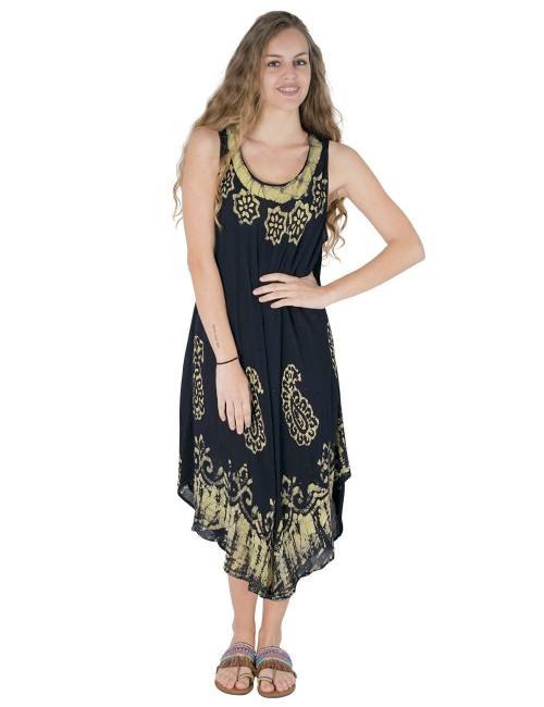Kleid-Midi-Strand-gemalt-Blumen-ärmellos-schwarz
