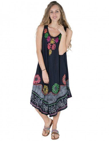 schwarz ärmelloses, floral besticktes Midikleid