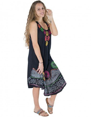 robe-brodée-midi-fleurs-sans manches-profil noir
