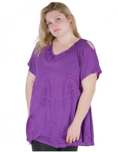 Bluse-plus-Größe-von-der-Schulter-Lachs