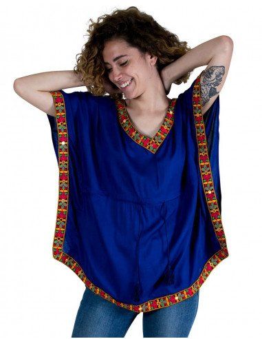 T-Shirt-Poncho-Sommer-Frau-Hippie-Blau