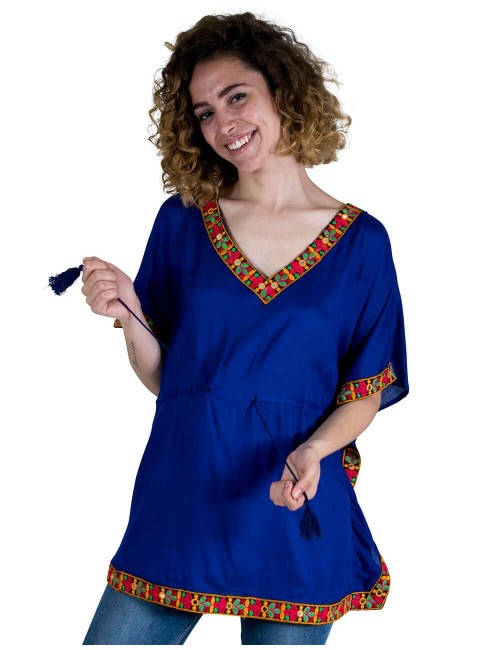 t-shirt-poncho-été-femme-hippie-détail bleu