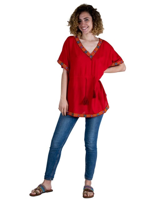t-shirt-poncho-été-femme-hippie-rouge
