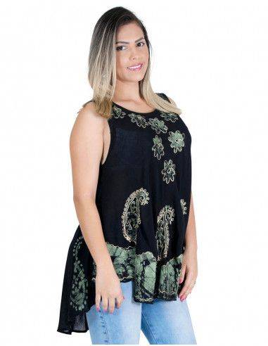 T-shirt-noir-femme-sans manche-ethnique-peint-broderie-vert
